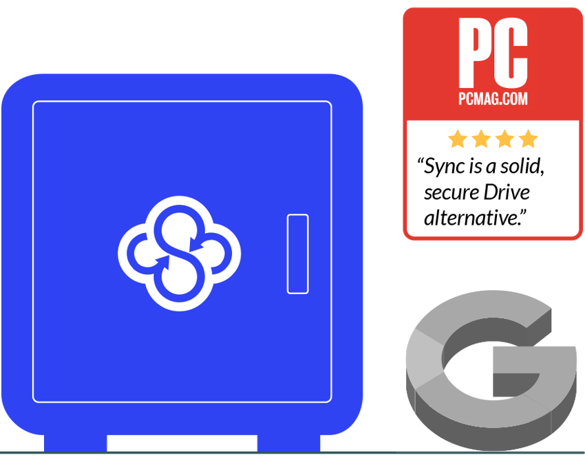 PC Mag badge saying Sync is a solid, secure Google Drive cloud storage alternative
